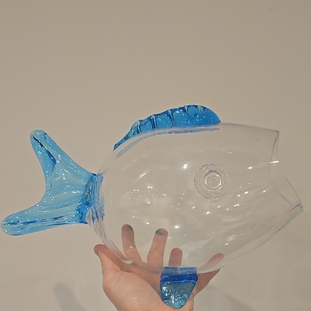 Mid Century Modern Handblown Turquoise Blue & Clear Art Glass Fish Bowl Vase